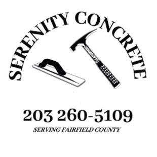Serenity Concrete logo with trowel and hammer, phone number 203-260-5109, serving Fairfield County