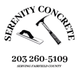 Serenity Concrete logo with trowel and hammer, phone number 203-260-5109, serving Fairfield County