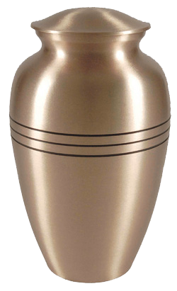 Bronze decorative urn with a rounded lid and three thin black bands