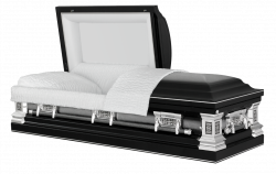 Black and white casket with open lid on a plain white background