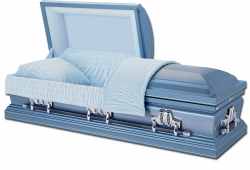 Blue casket with a quilted liner and open lid on a white background