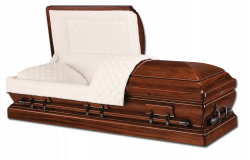 Open wooden casket with white quilted lining and lid