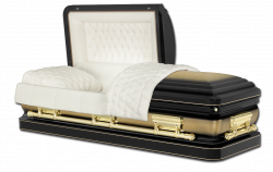 Black and gold casket with open white quilted lid and interior lining