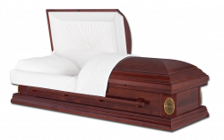 White satin-lined dark wood coffin with open lid on a white background