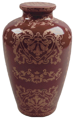 Maroon decorative ceramic vase with ornate gold floral patterns