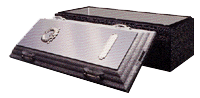Black-and-silver coffin displayed at an angle, with lid open and interior visible