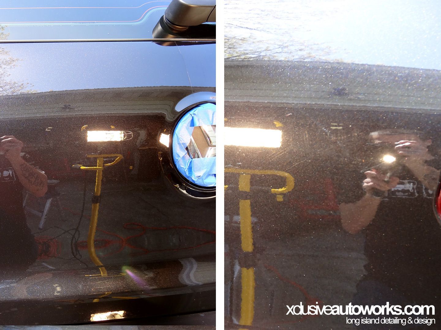 A picture of a car before and after being polished by xdusveautoworks.com