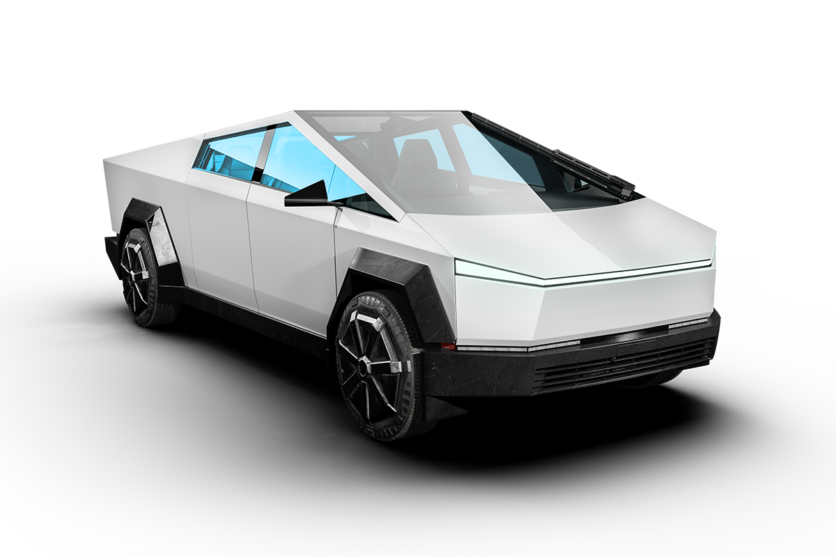 A white tesla cybertruck is shown on a white background.