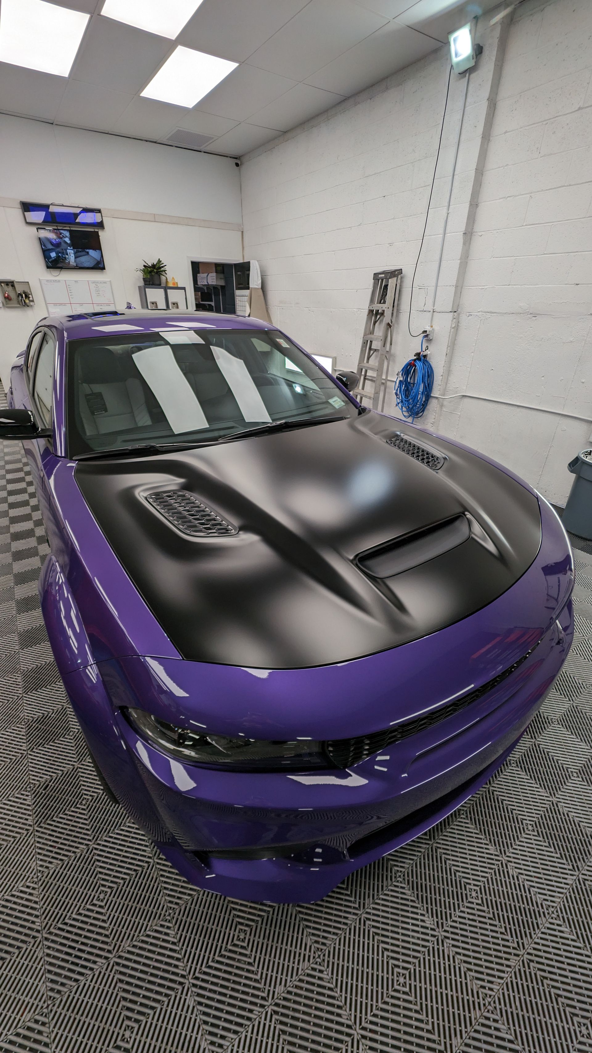A purple car with a black hood is parked in a garage.
