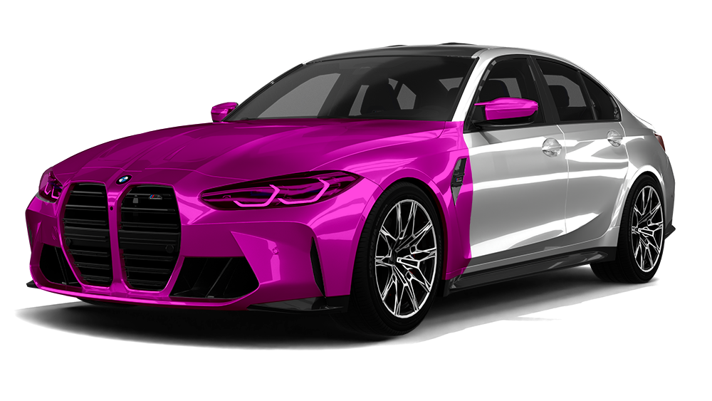 Pink and white BMW M3 sedan on a gray background.