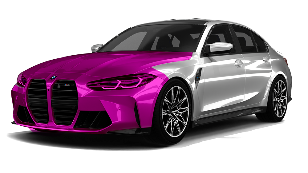White BMW sedan with a pink front end, black wheels, and a dark roof.
