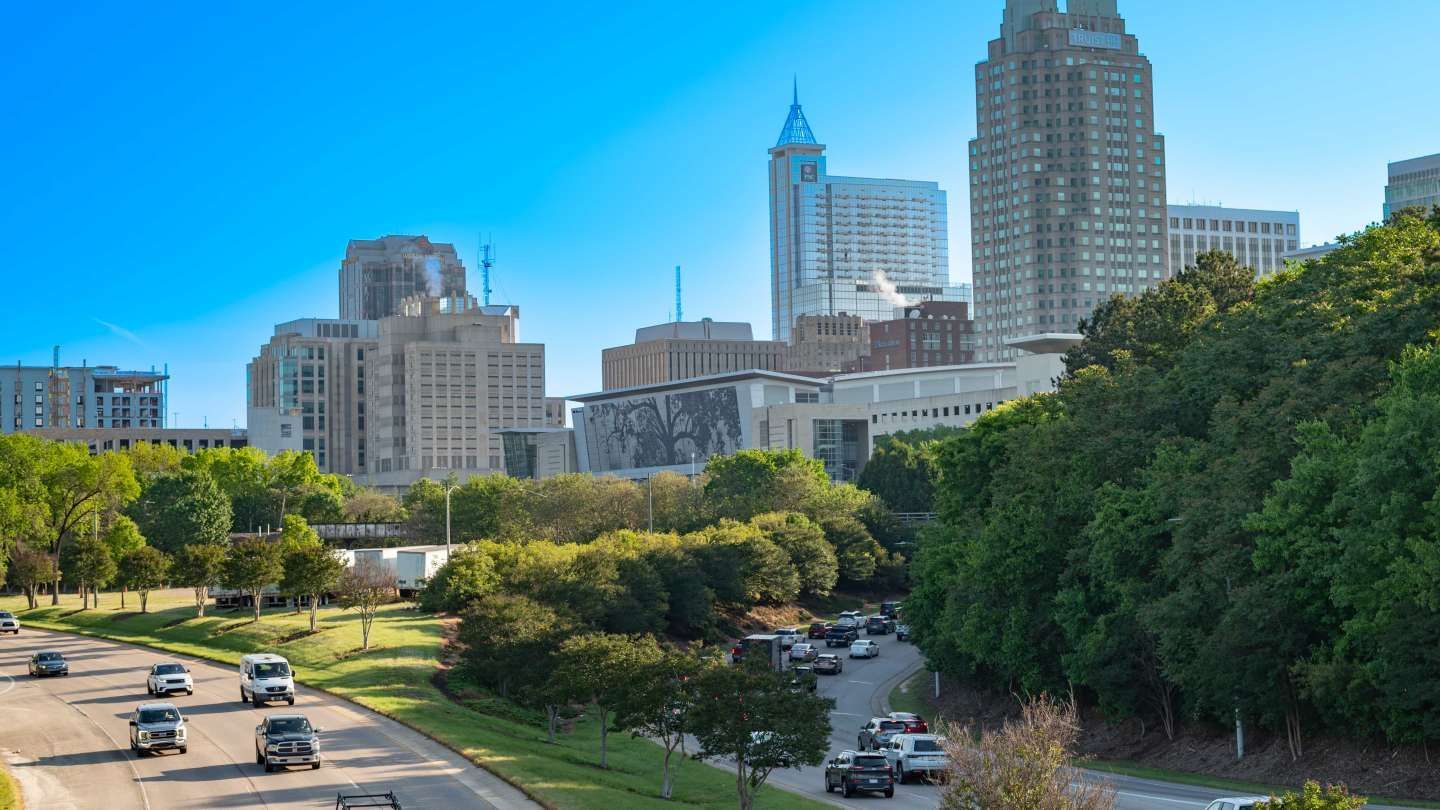City skyline above a tree-lined park and road on a sunny day