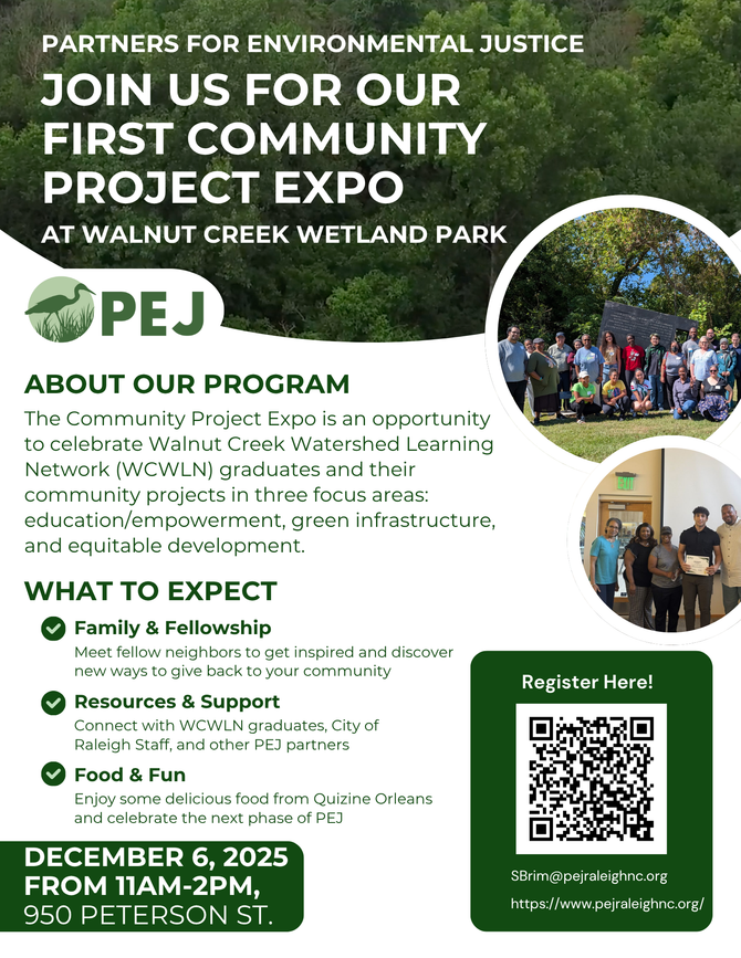 PEJ community project expo flyer at White Creek Wetland Park, Dec. 6, 2025, 11 AM–2 PM, with event details and QR code