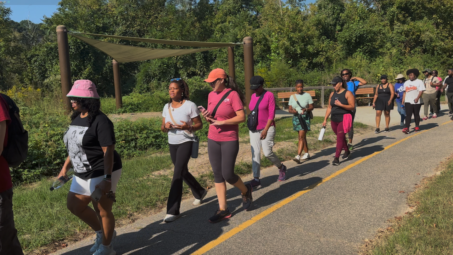 Group of people walking along a paved trail outdoors, some wearing pink hats and shirts, in a sunny park