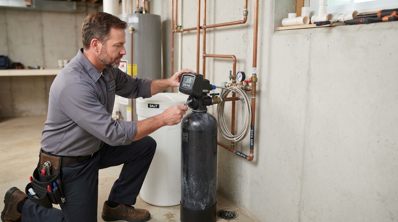Technician adjusting the control valve on a water softener beside a salt tank