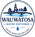 Wauwatosa Water Softener Logo with Circular Badge Emblem, Village Skyline, Bridge Graphic, Water Droplet, and Company Name