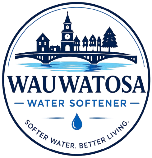 Wauwatosa Water Softener Logo with Circular Badge Emblem, Village Skyline, Bridge Graphic, Water Droplet, and Company Name