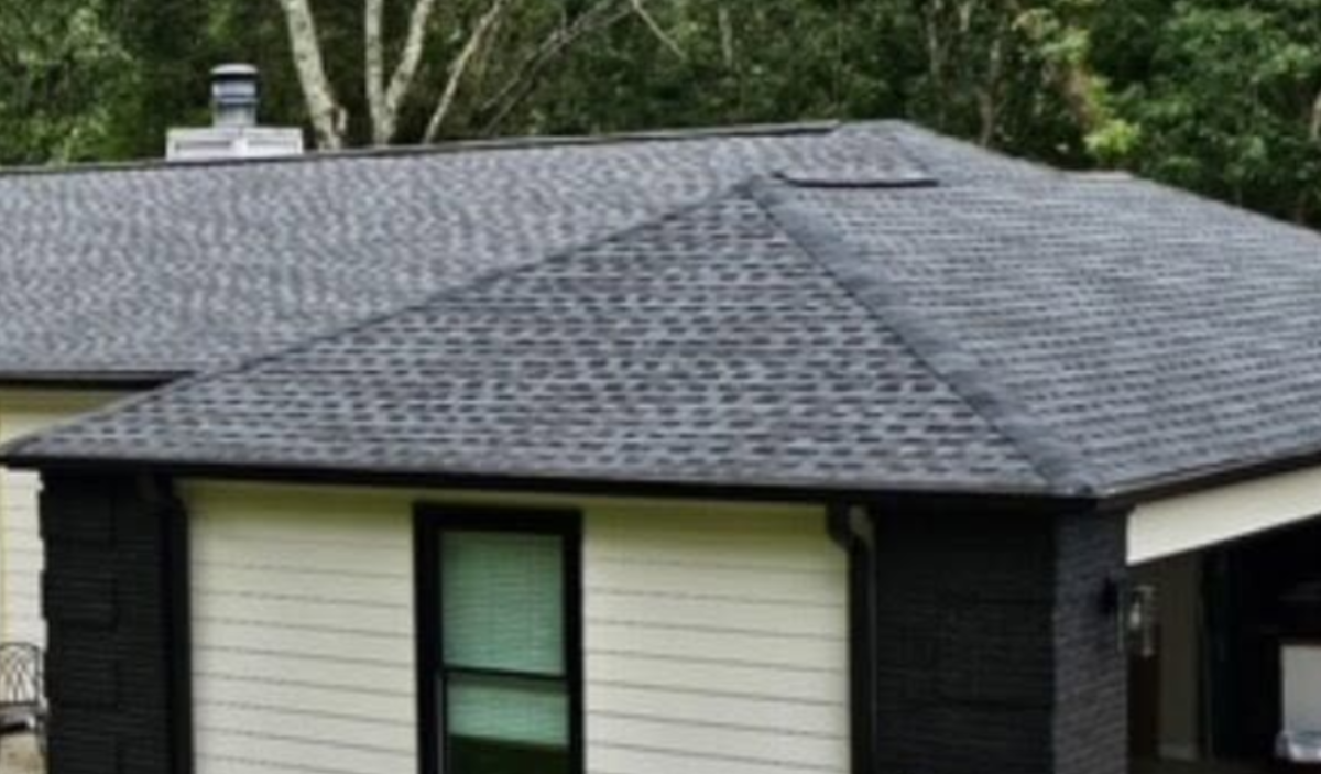 Gray shingled roof on a house with black trim and a small vent