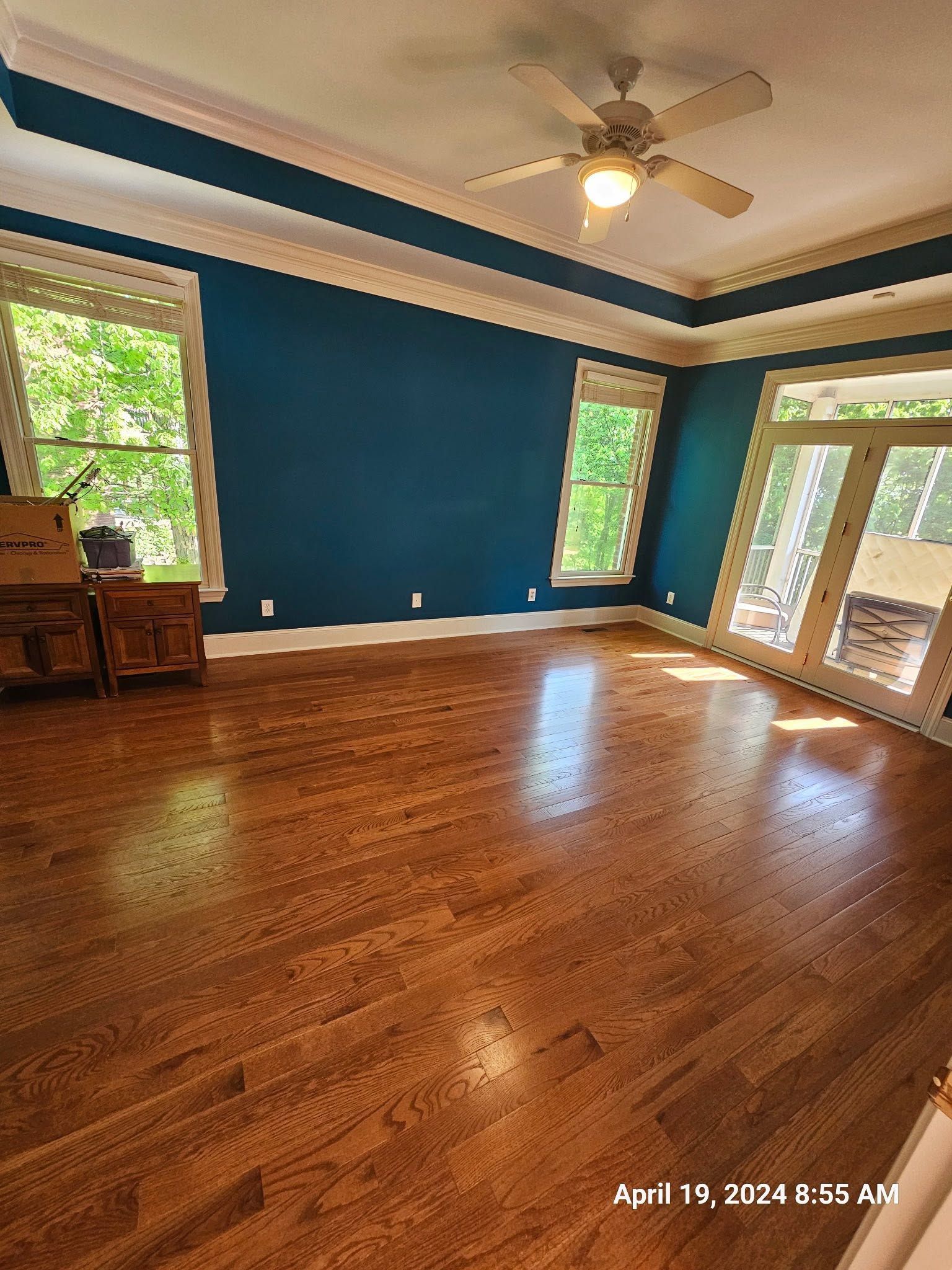 Empty living room with blue walls, hardwood floors, ceiling fan, and large windows/doors letting in daylight.