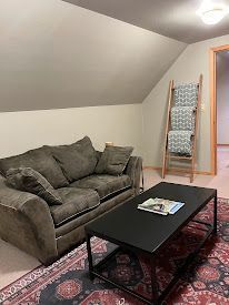 Living room with gray sofa, black coffee table, patterned rug, and leaning blanket ladder