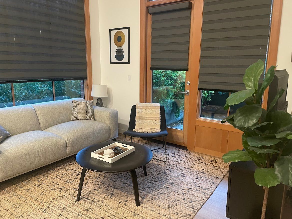 Cozy living room with gray sofa, round coffee table, large windows with blinds, and a potted plant.