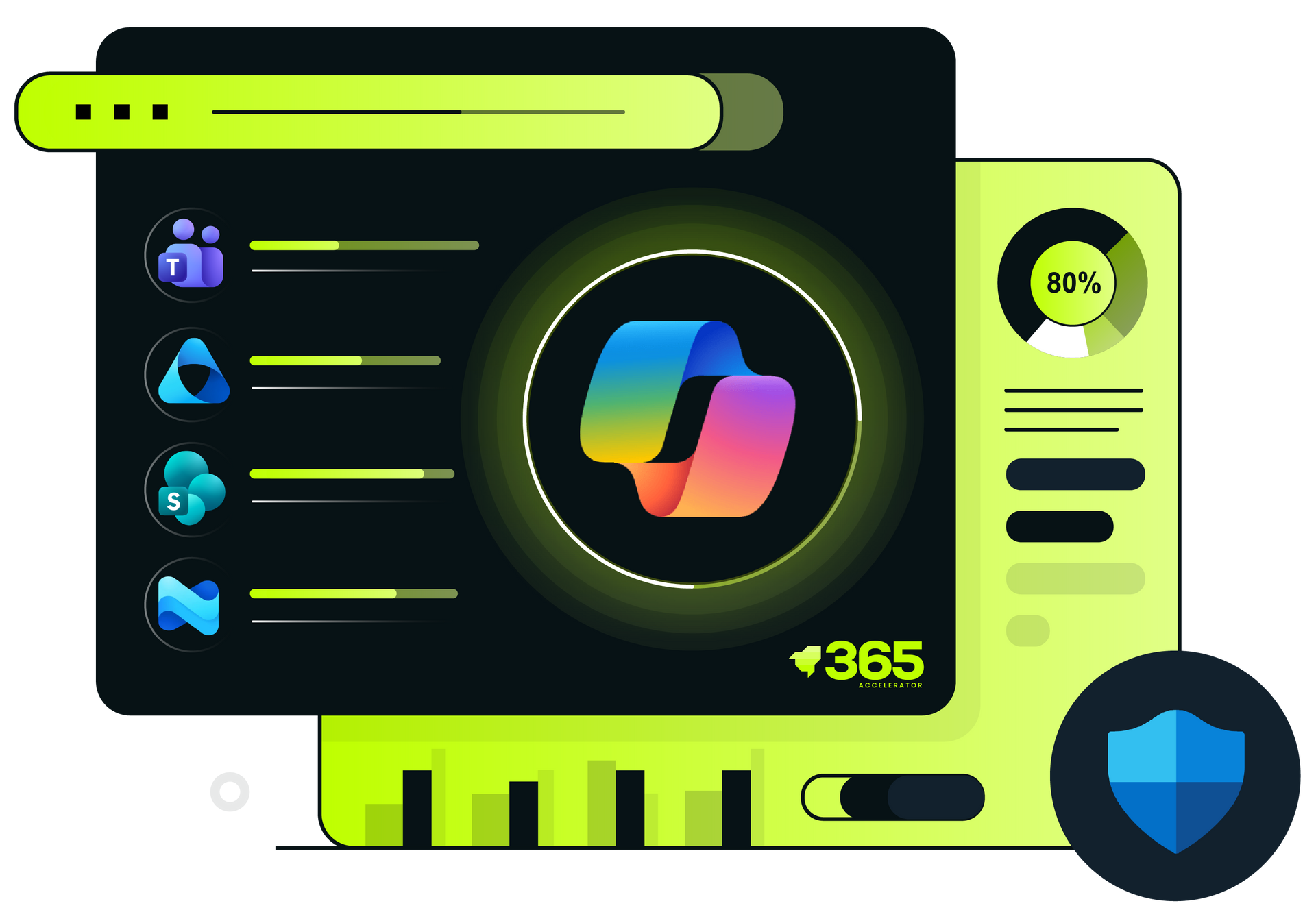 Dashboard interface with colorful logo, data visualizations, and security shield.