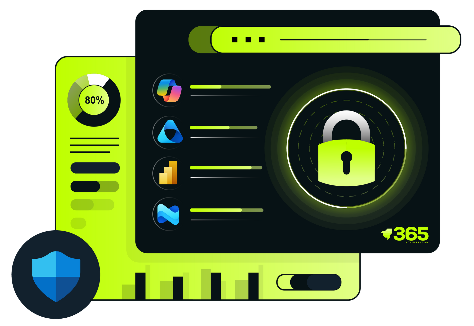 Security dashboard with padlock icon, charts, and shield, in green and black.