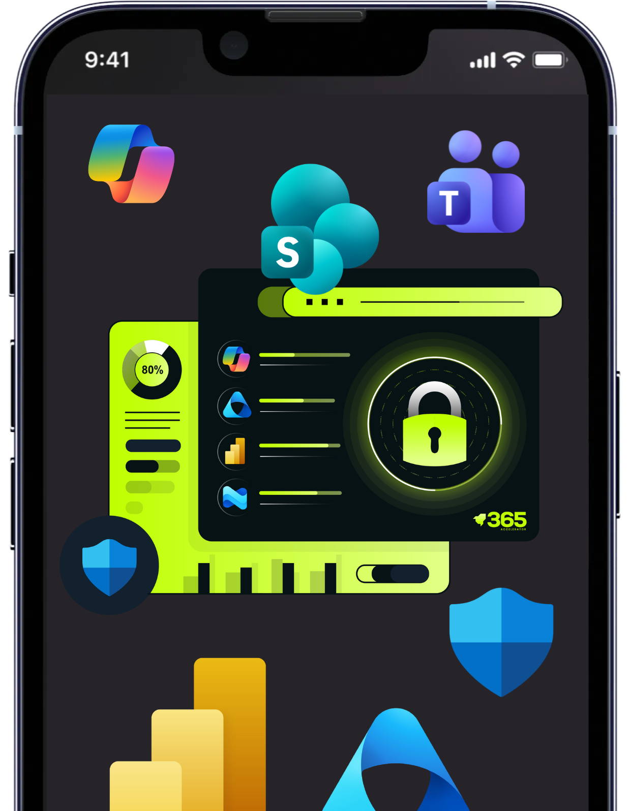 Smartphone with security-themed graphic; Microsoft app logos and charts in neon green on a dark background.