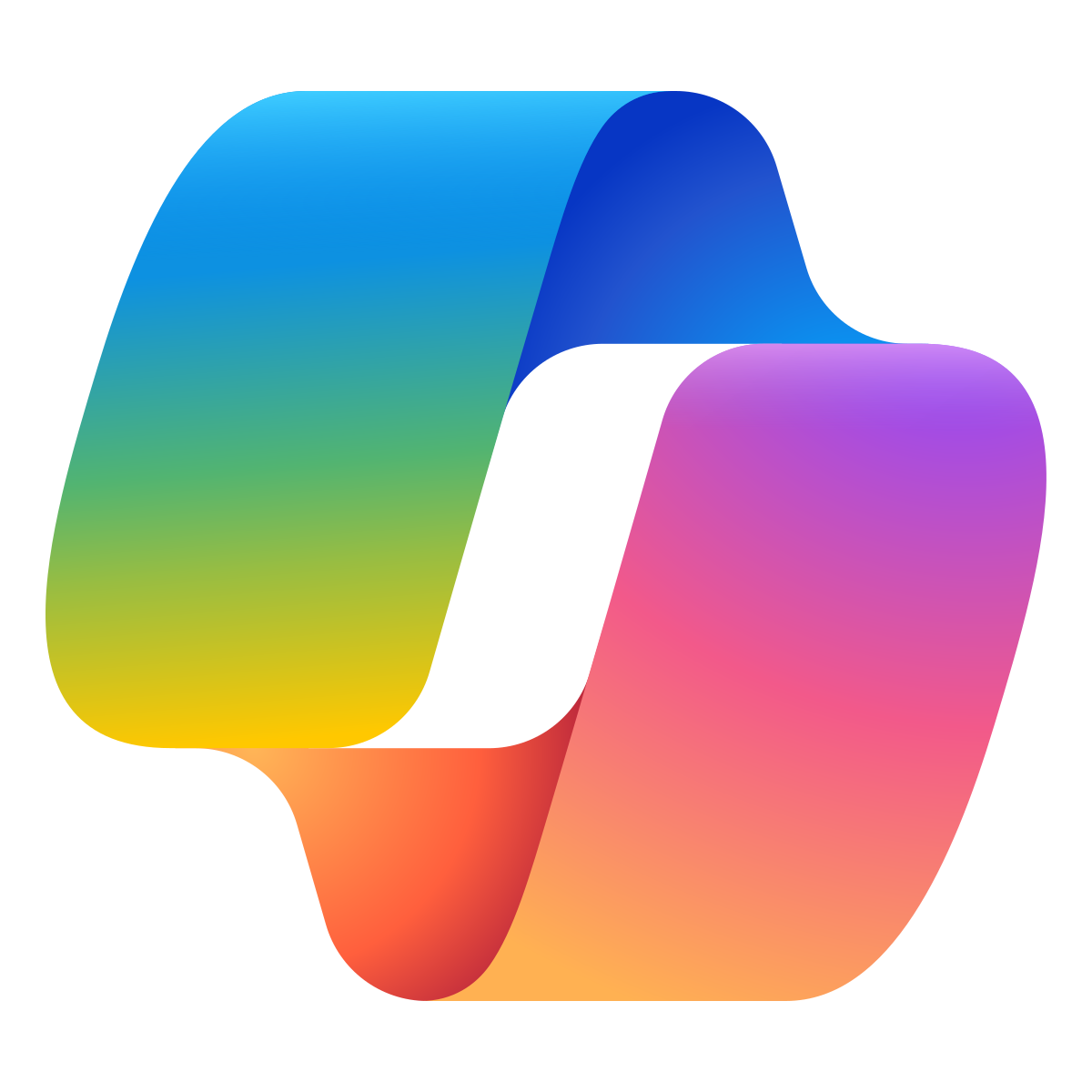 Abstract logo with a ribbon-like design, transitioning from yellow to blue and purple.