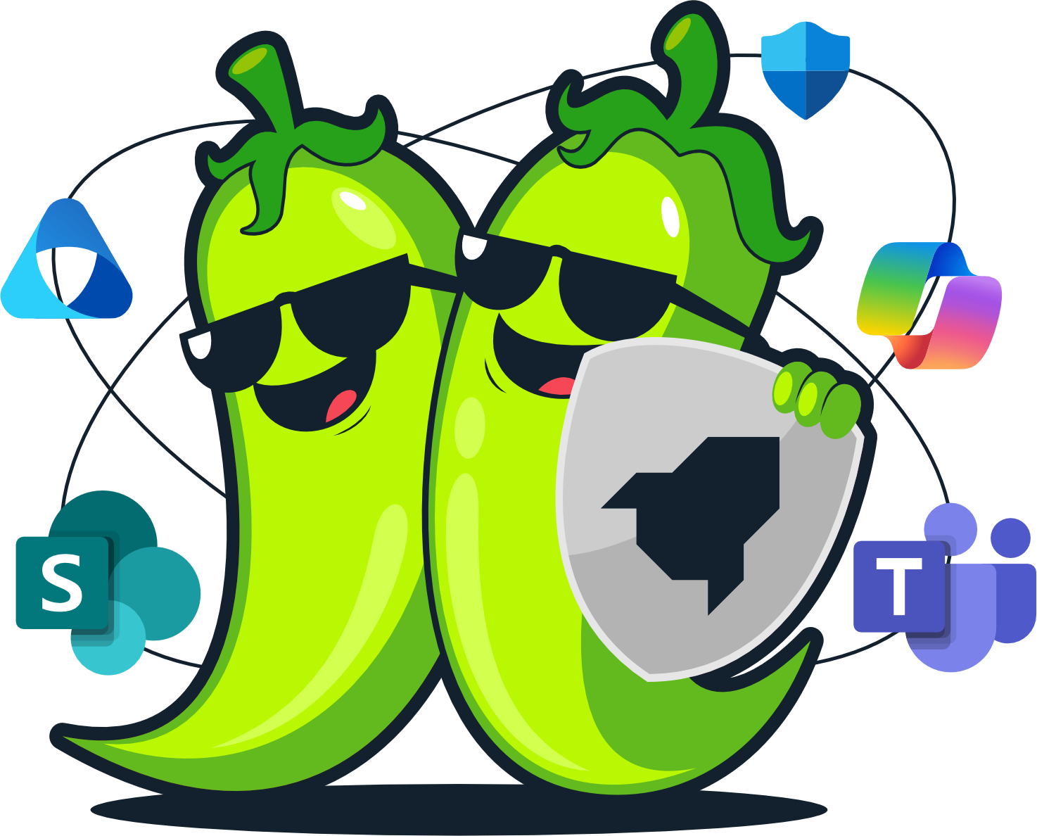Two cartoon green chili peppers with sunglasses and a shield, surrounded by Microsoft app logos.