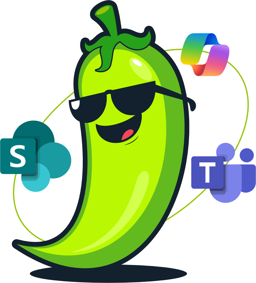 Green pepper with sunglasses and integrations with Microsoft 365 services (SharePoint, Teams, and Loop).