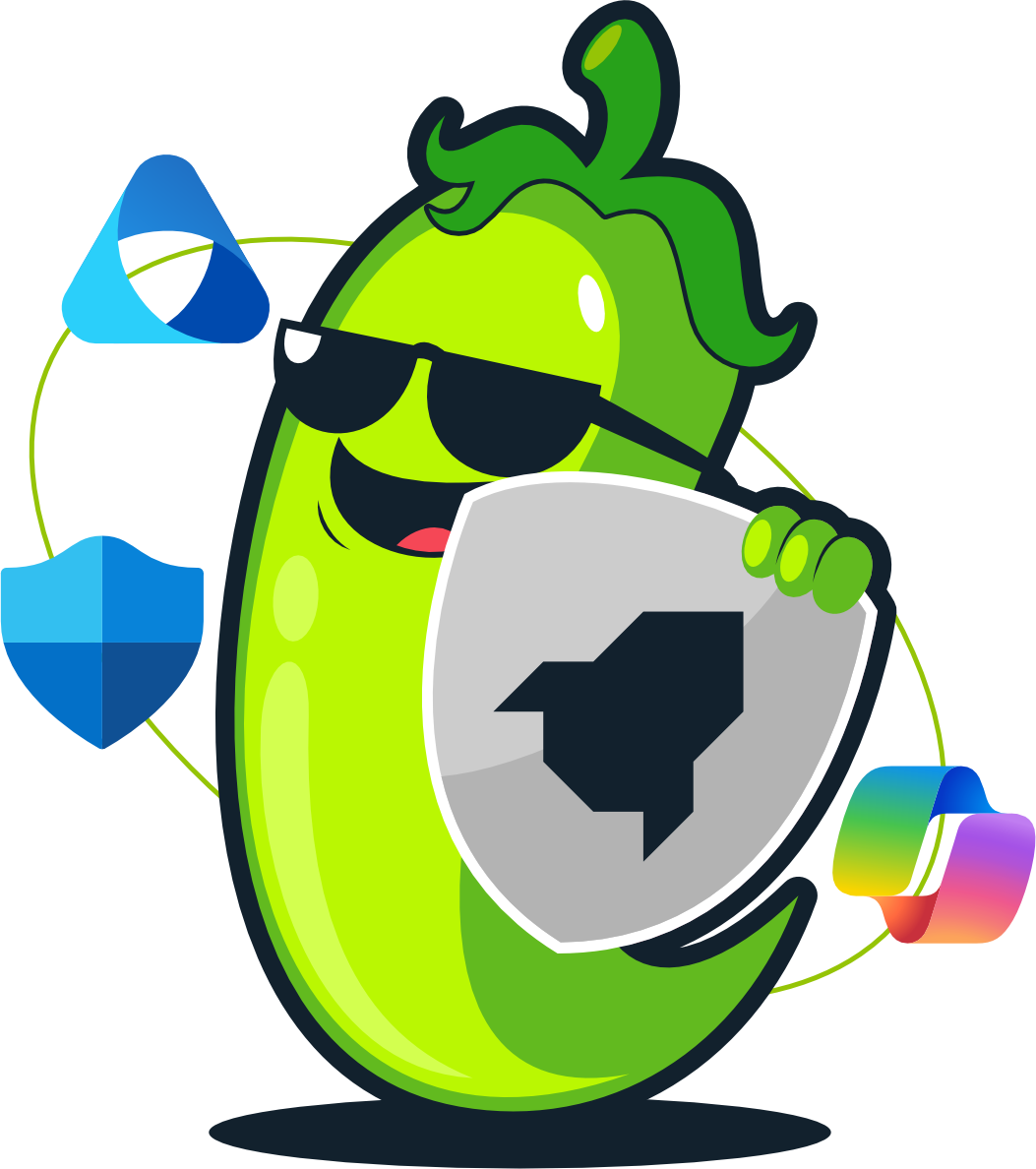 Green pepper character with sunglasses holding a shield; various software logos in background.