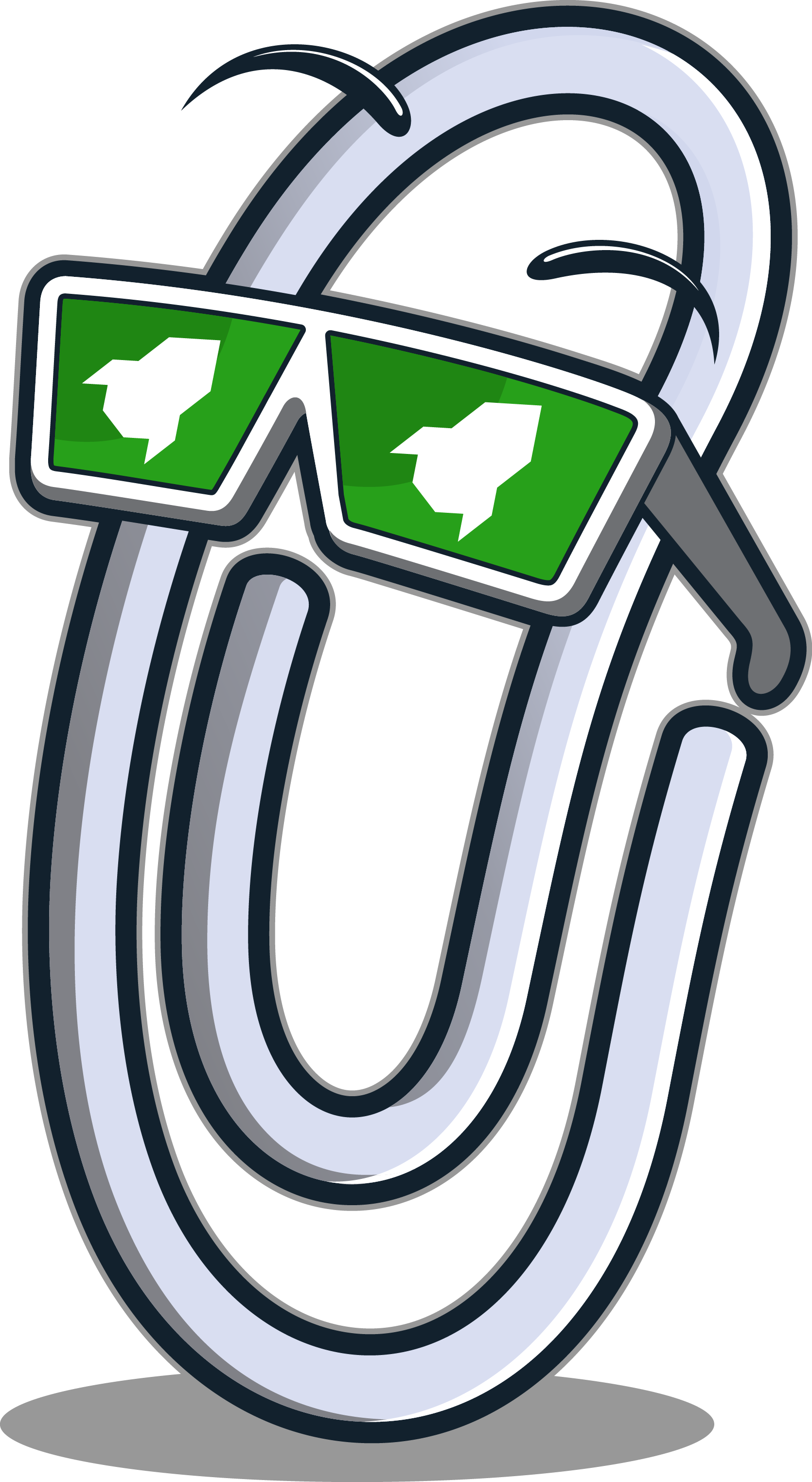 Cartoon paperclip with sunglasses displaying rocket ships.