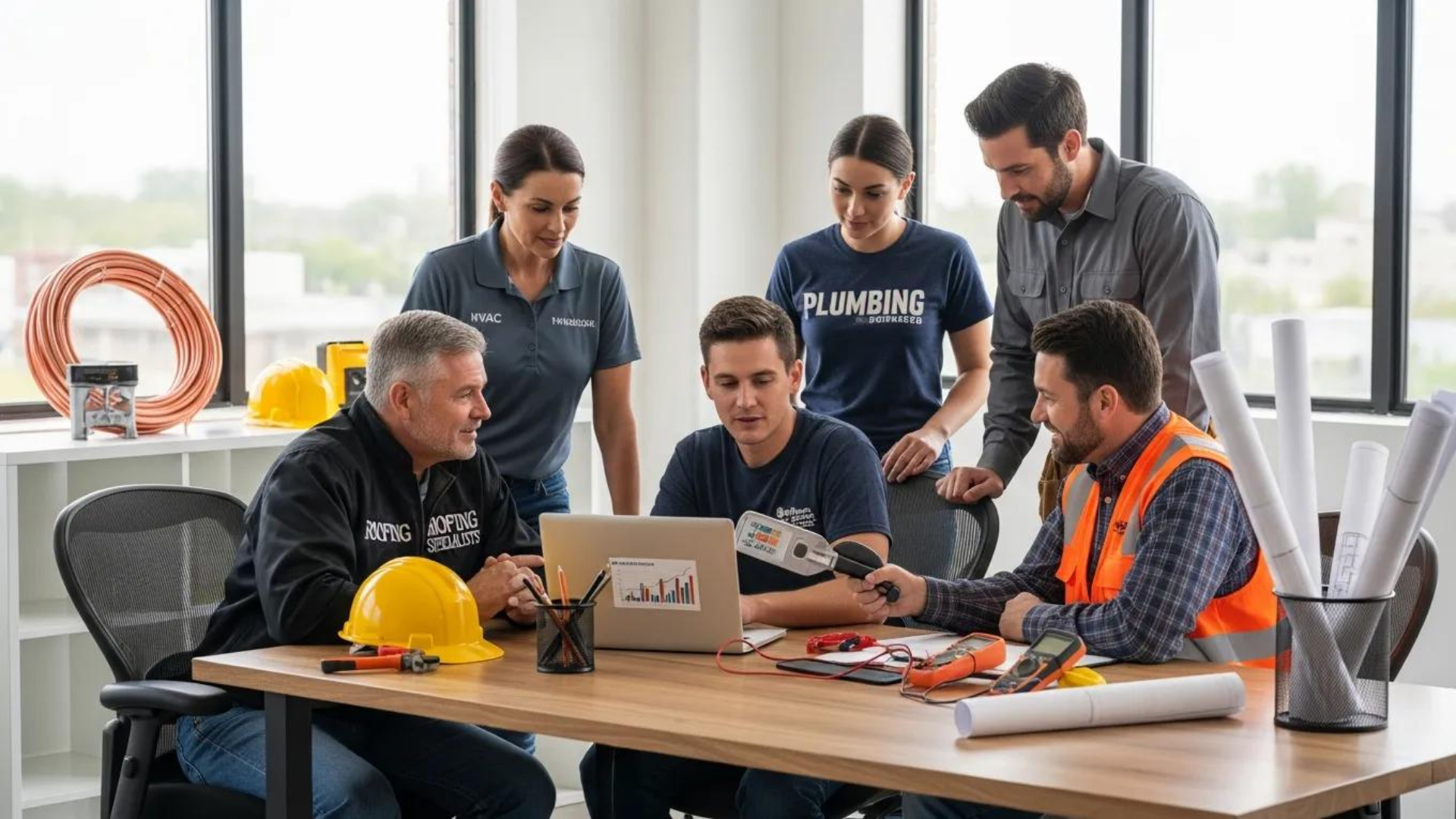 Team meeting around a laptop at a work table, with a yellow hard hat and plans in a bright office space