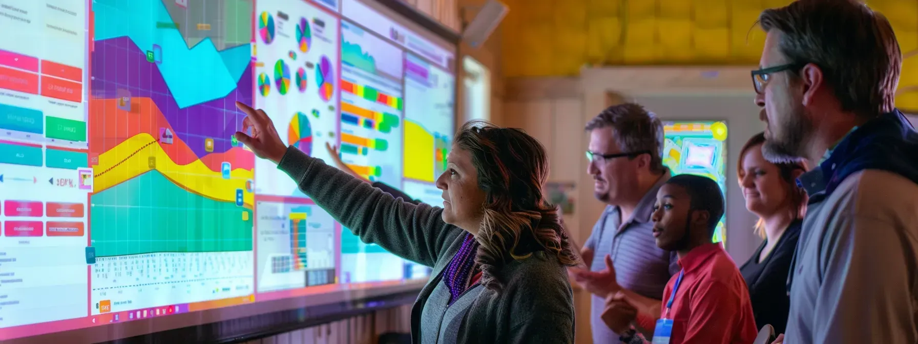 A group of people are looking at a large screen.