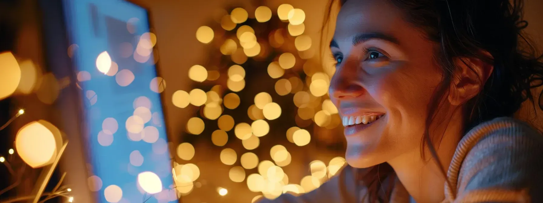 A woman is smiling while looking at a computer screen in front of a christmas tree.