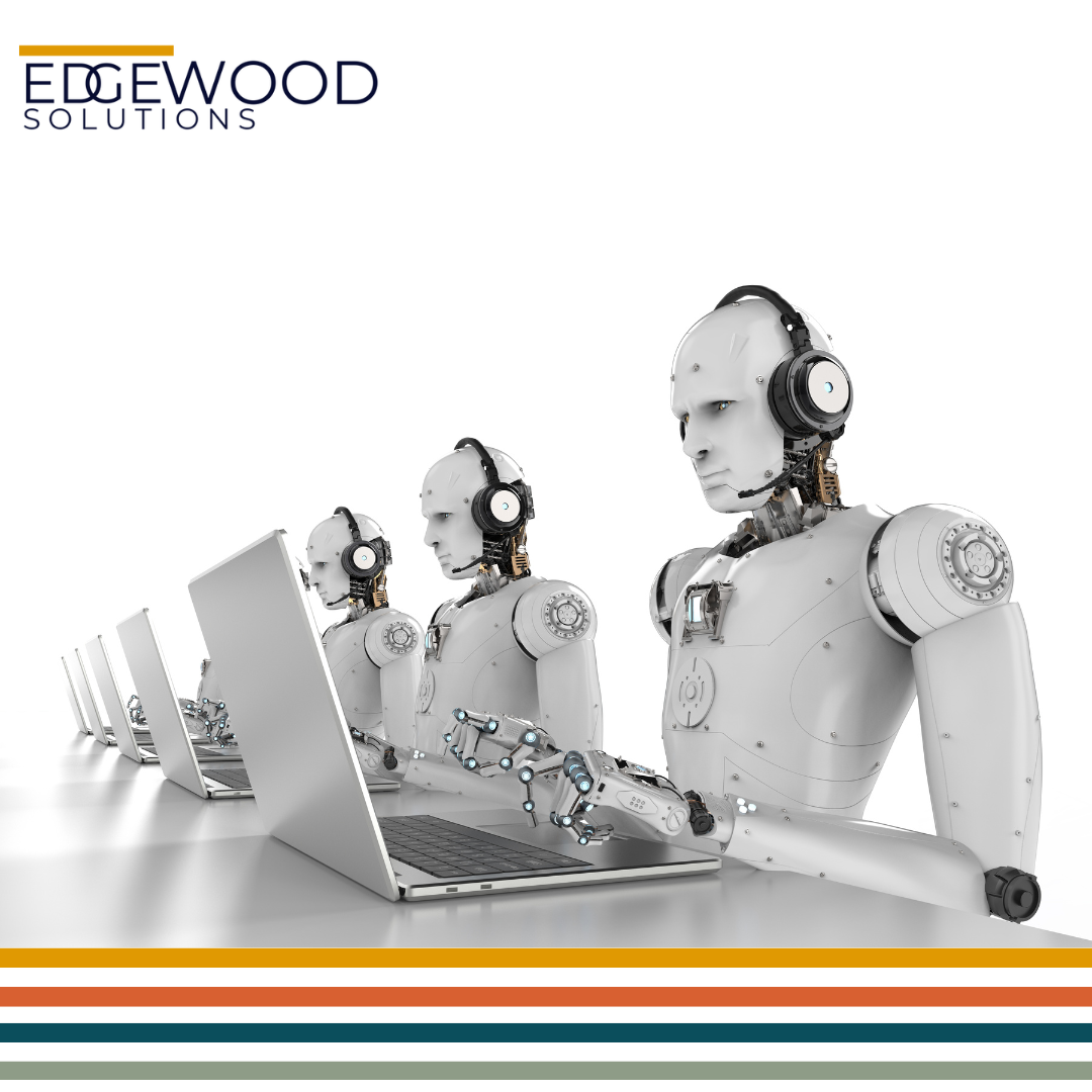 Robotic customer service agents wearing headsets and using laptops at a desk. Edgewood Solutions logo in upper left.