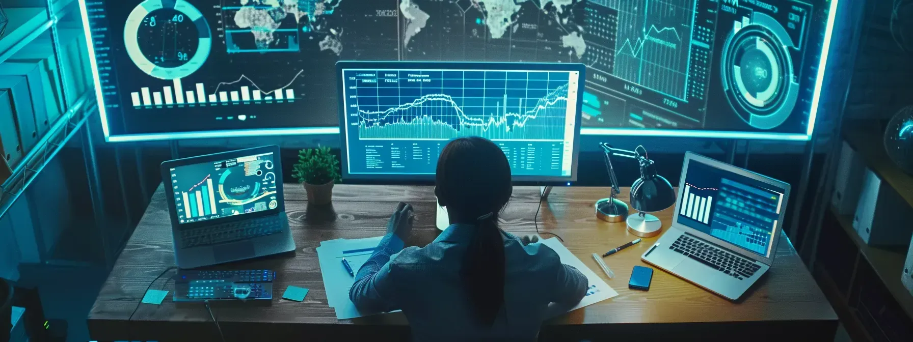 A woman is sitting at a desk in front of a computer monitor.