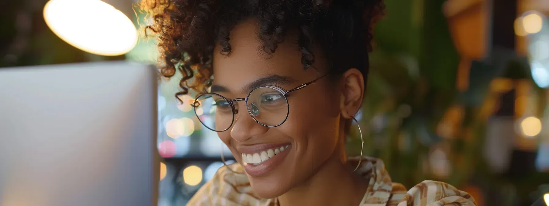 A woman wearing glasses is smiling while using a laptop computer.