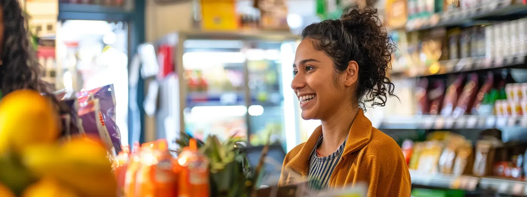 A woman is smiling while shopping in a grocery store.