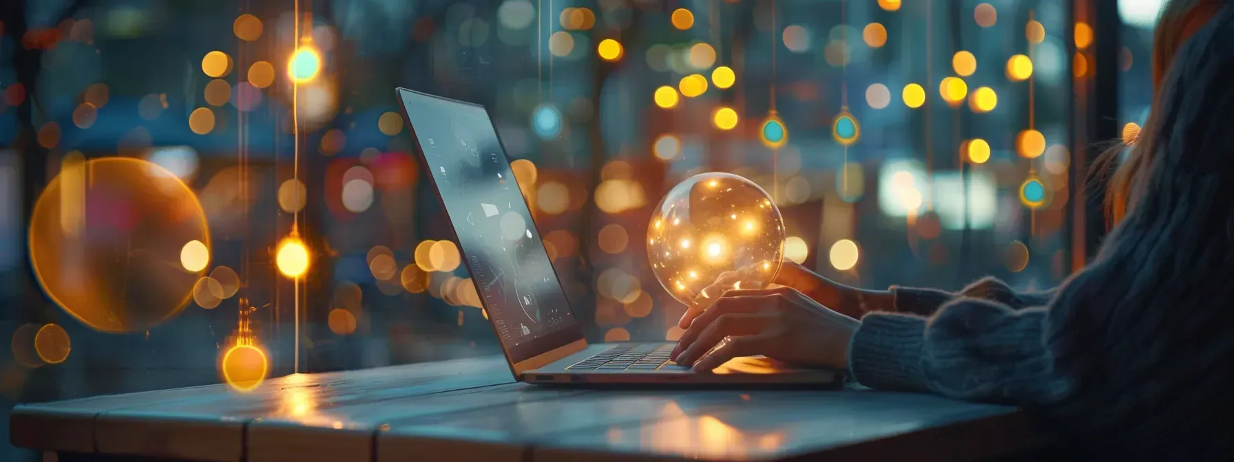 A person is typing on a laptop computer with a light bulb in the background.