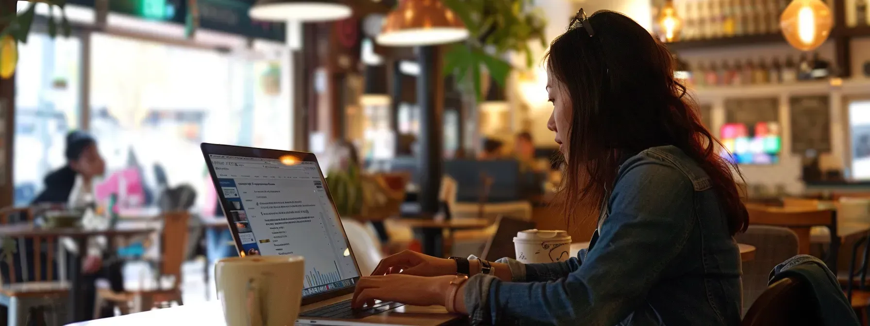 A woman is sitting at a table in a restaurant using a laptop computer.