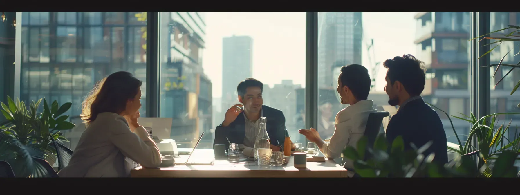 A group of people are sitting at a table in front of a window.