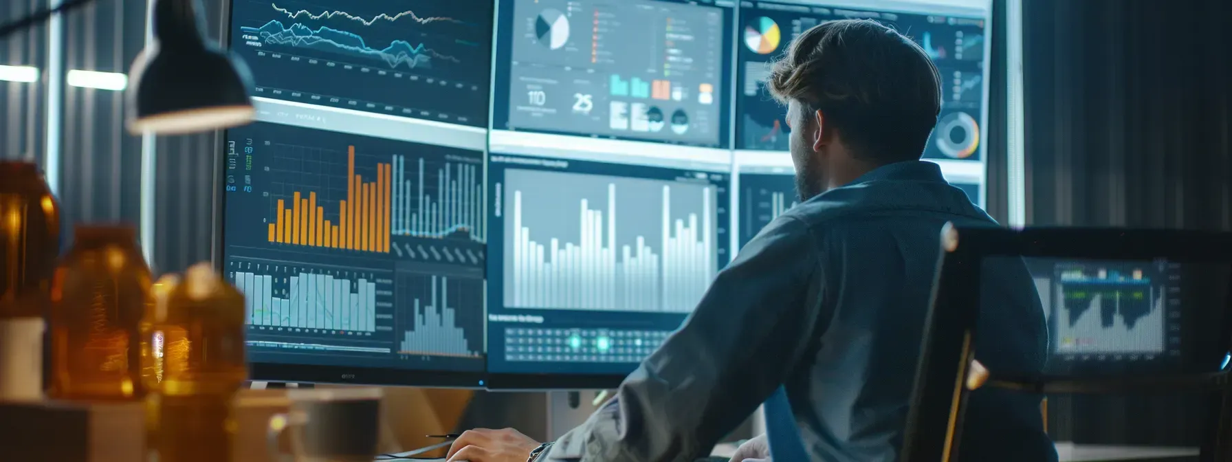 A man is sitting at a desk in front of a computer monitor.