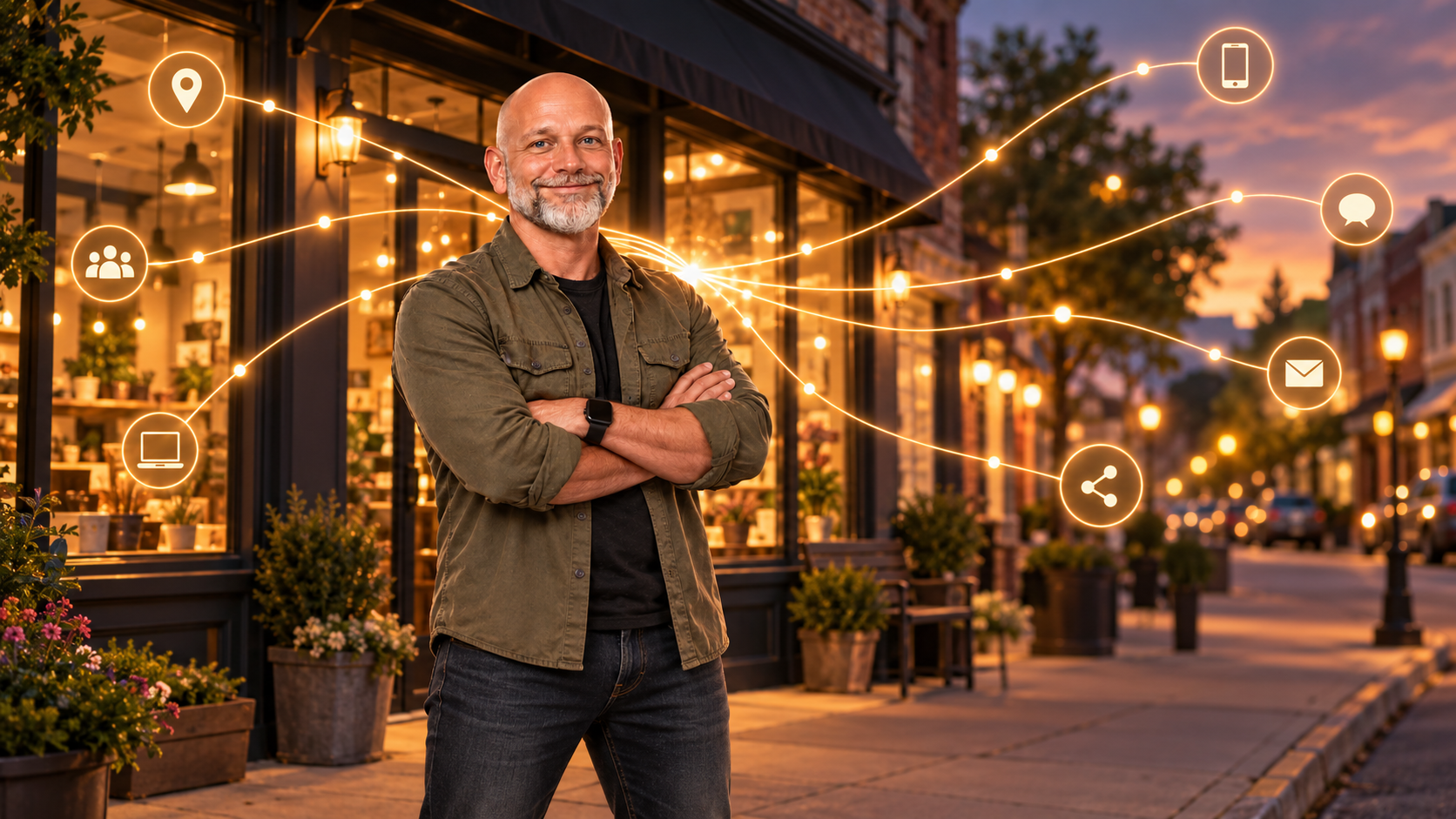 Storefront at dusk with warm lights and glowing light trails crossing the windows