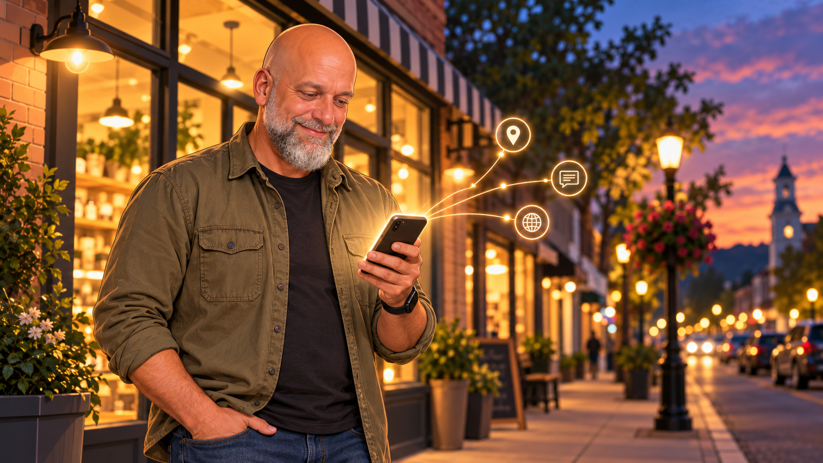 Smiling man using a smartphone on a lit city sidewalk at dusk, with glowing app icons nearby