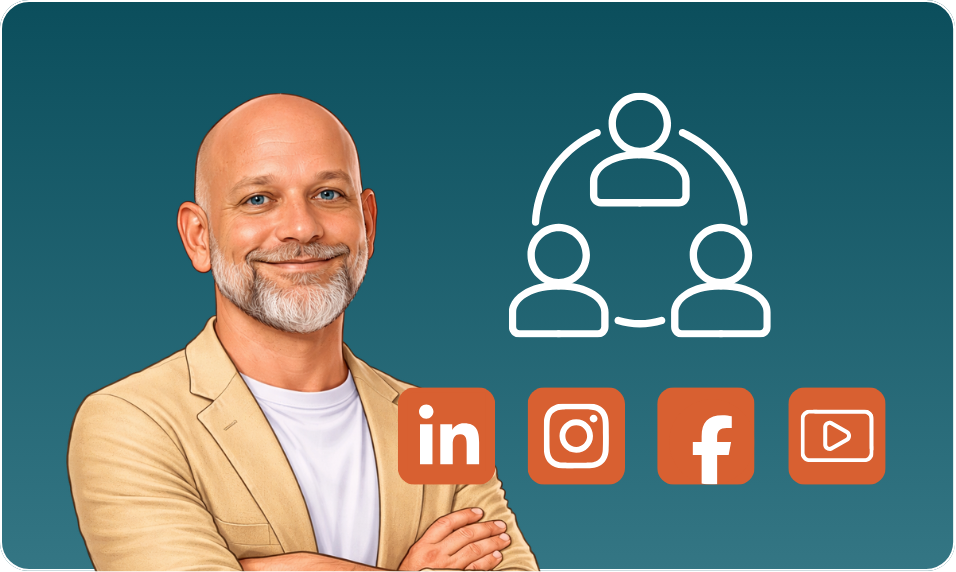 Smiling man beside social media icons and a network graphic on a teal background