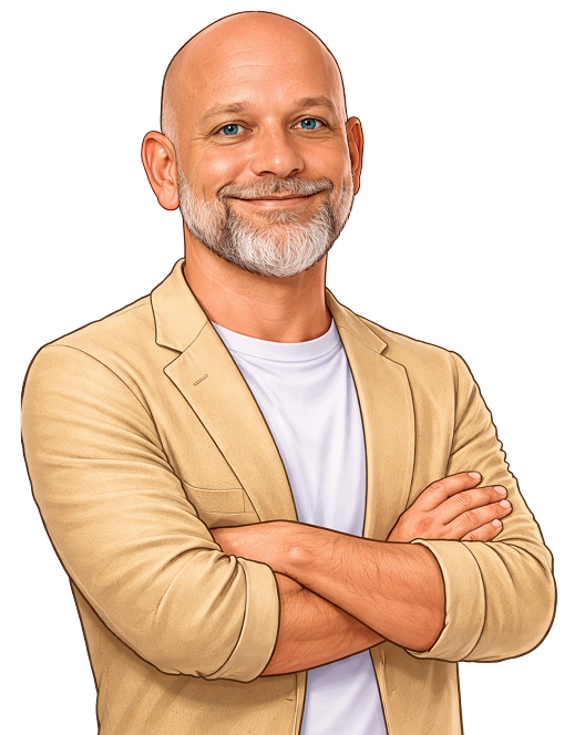 Smiling bald man with gray beard, tan blazer, and crossed arms on a white background