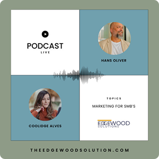 Podcast Live promo with teal and white panels, speaker headshots, waveform, and Edgewood Solutions branding.