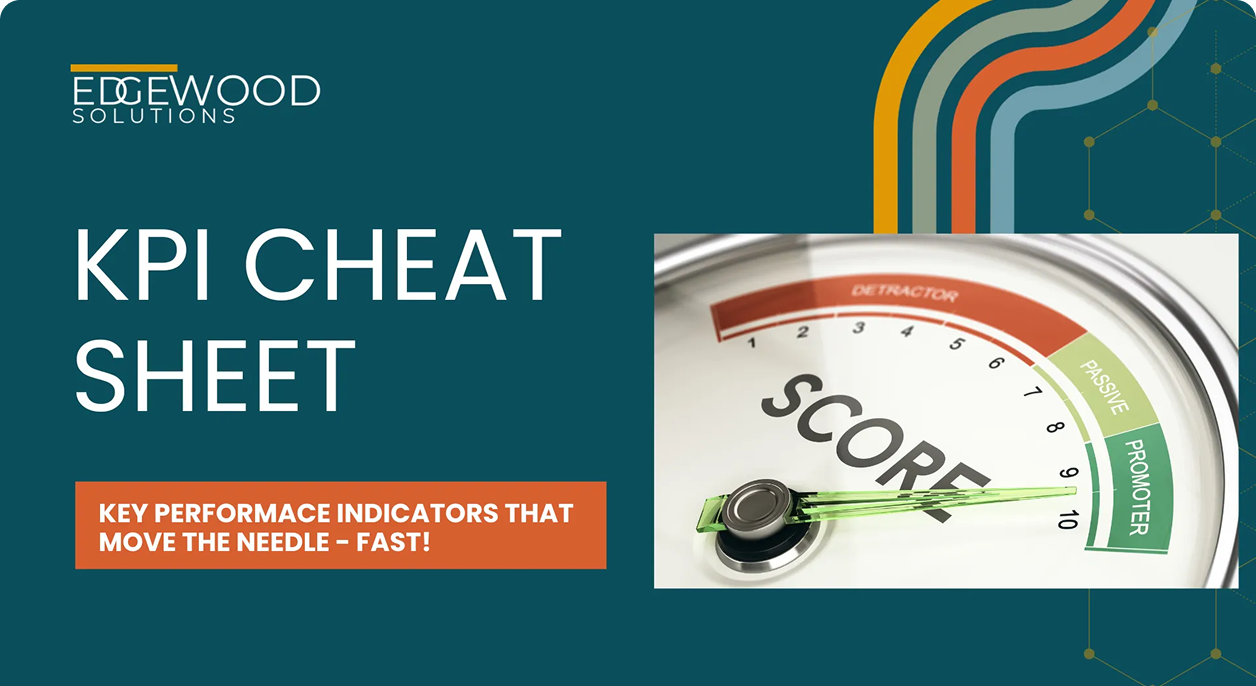 KPI cheat sheet graphic with teal background and a colorful speedometer labeled “scope”